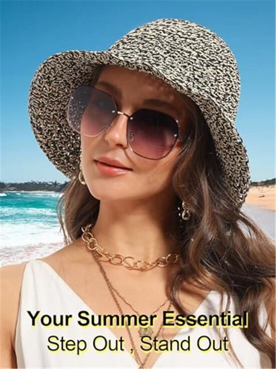Women\'s Sun Hat Handmade Crochet Straw Bucket Hat Summer UV Protection Foldable main image 4